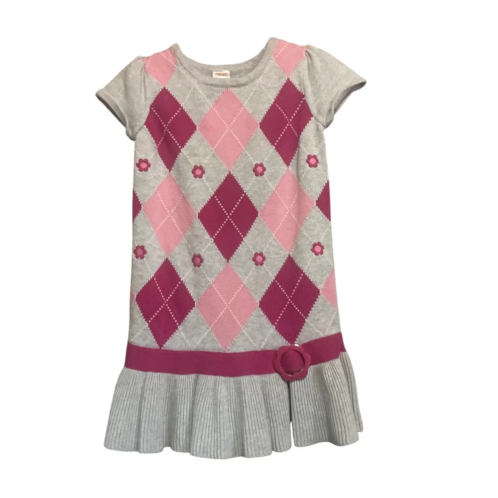 Gymboree Girls Grey Pink Argyle Sweater Dress Short‎ Sleeve Size 5